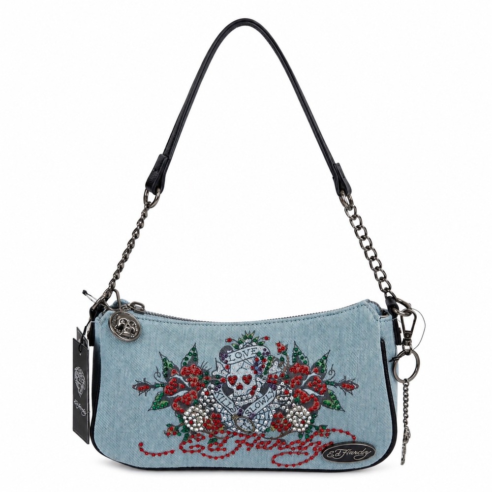 Ed Hardy Love Kills Slowly Denim Rhinestone Shoulder Bag Blue Y2K Tattoo Bag NWT